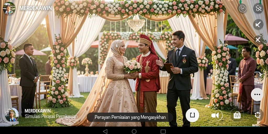 Screenshot gameplay menunjukkan momen pernikahan yang ceria dan interaktif.